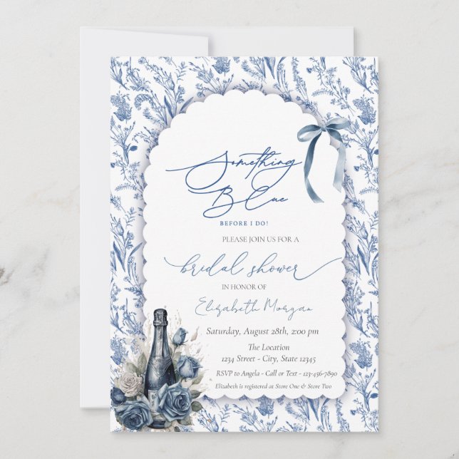 Invitación Algo de Blue Bow Botella Rosas de vino Floral (Anverso)