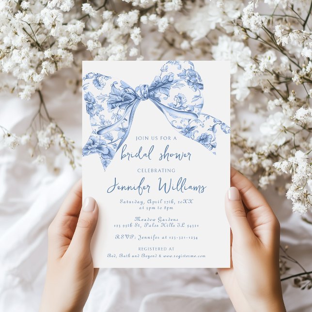 Invitación Algo de Blue Toile Bow Coquette Bridal Shower (Subido por el creador)