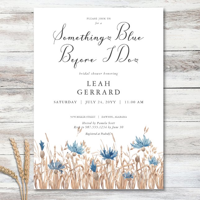 Invitación Algo de flores azules y ducha de novia de trigo (Something Blue Cornflowers & Wheat Bridal Shower Invitation)