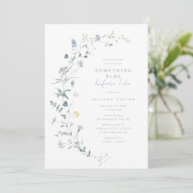 Invitación Algo de la ducha nupcial de Boho Blue Wildflower (Anverso de pie)