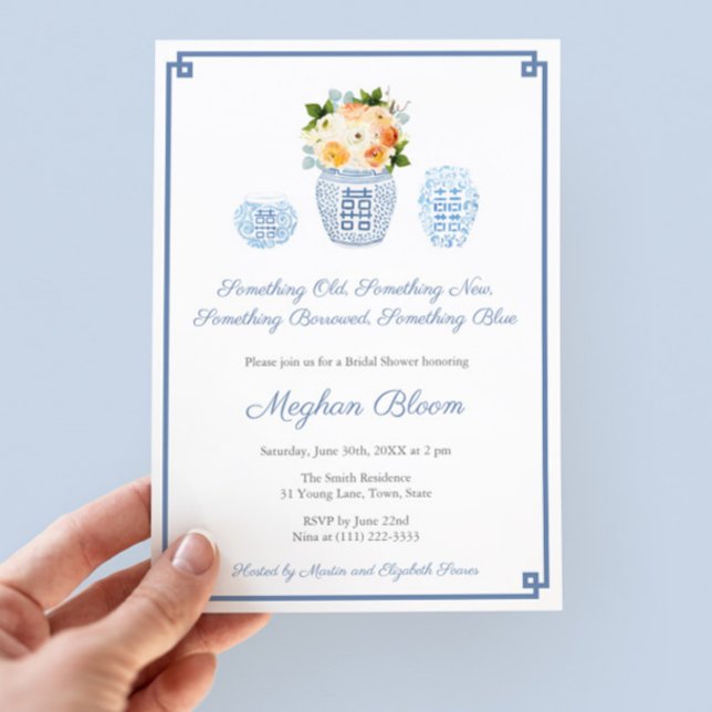 Invitación Algo de las flores azules de otoño Fiesta de ducha (Something Old New Borrowed Blue Bridal Shower Party Invite with florals in fall autumn colors)