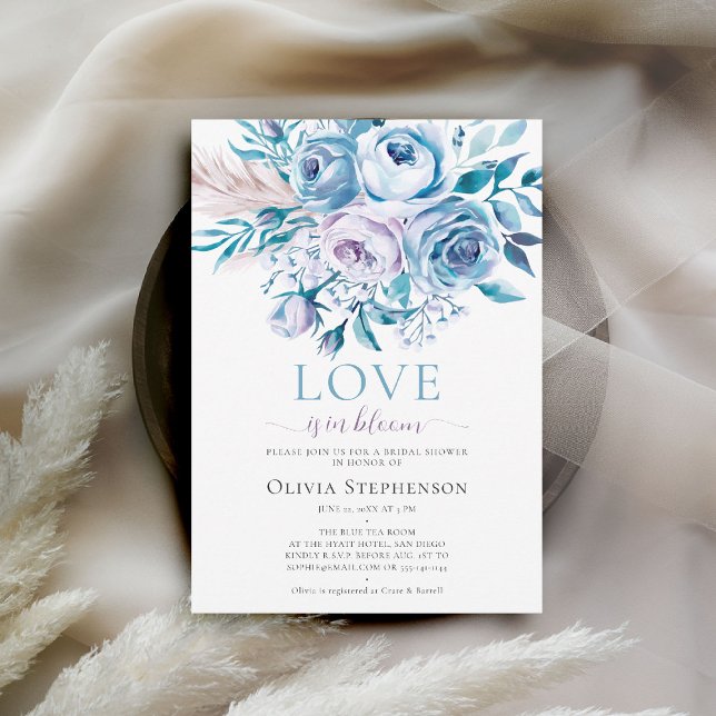 Invitación Algo de Lavanda Azul Rosas Ombre Ducha de Novias (something blue bridal shower invitation floral roses boho pampas grass love in bloom dusty blue)