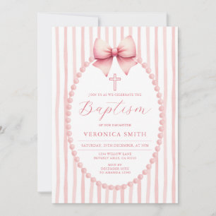 Invitación Algo de lazo rosa coquette Perla Bautizo Cruz