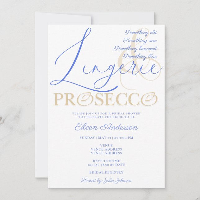 Invitación Algo de lencería azul y ducha de novia Prosecco (Anverso)