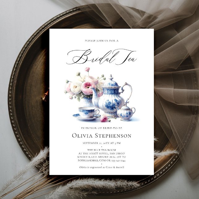 Invitación Algo de Moda azul toile floral Bridal Tea Shower (bridal tea invitation toile chinoiserie blue hamptons roses floral flower elegant modern classic)