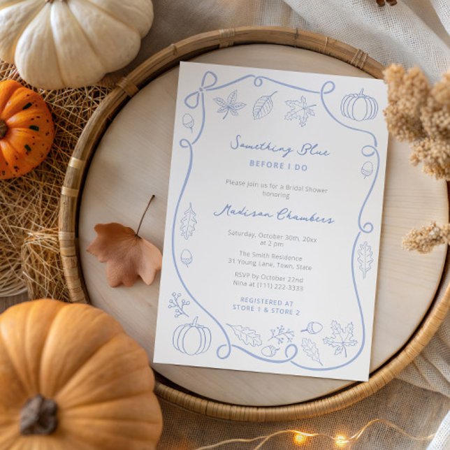 Invitación Algo Extraño Azul Antes De Hacer Ducha Británica (Fall-theme Something Blue Wedding shower invitation with hand drawn Autumn leaves & handwritten font)