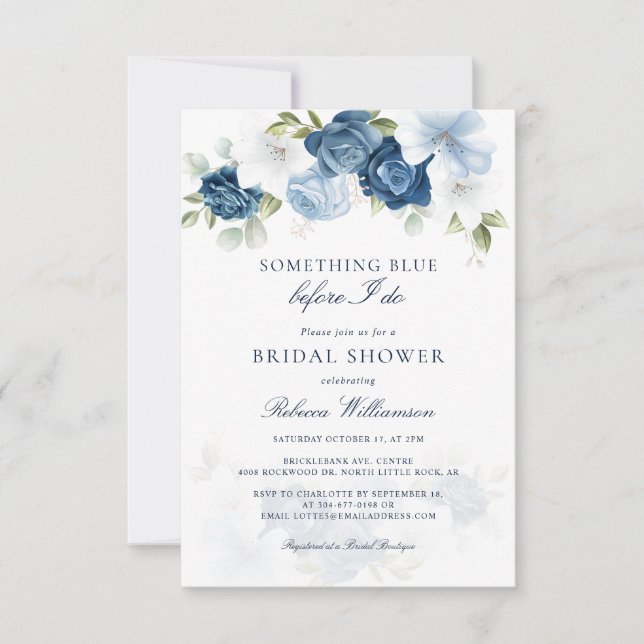 Invitación Algo Floral azul antes de la ducha de fotos (Anverso)