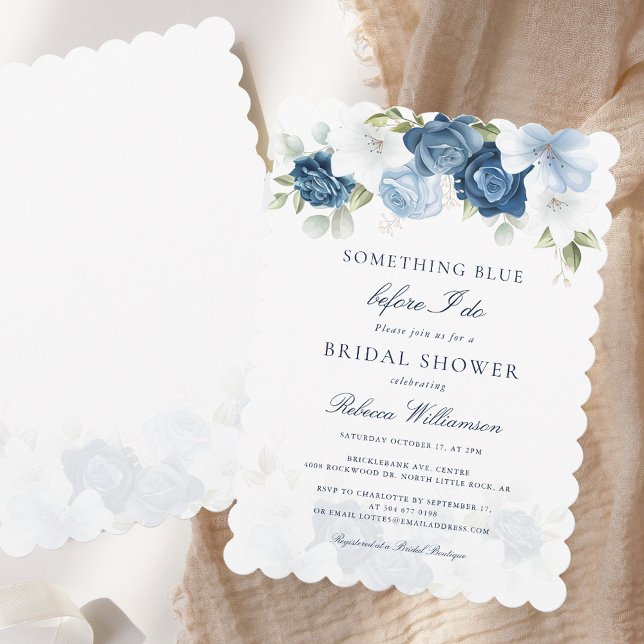 Invitación Algo Floral Azul Elegante Ducha Bridal (Something Blue Floral Elegant Bridal Shower Invitation)
