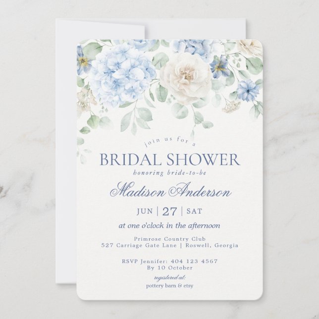 Invitación Algo Floral Azul Hidrangea Ducha Británica (Anverso)