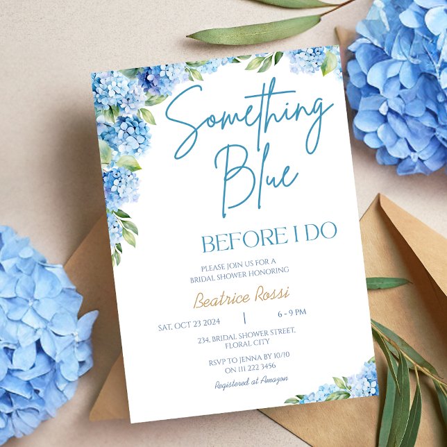 Invitación Algo Hidrangea Azul Floral Brillante Ducha (Something Blue Hydrangea Floral Bridal Shower Invitation)