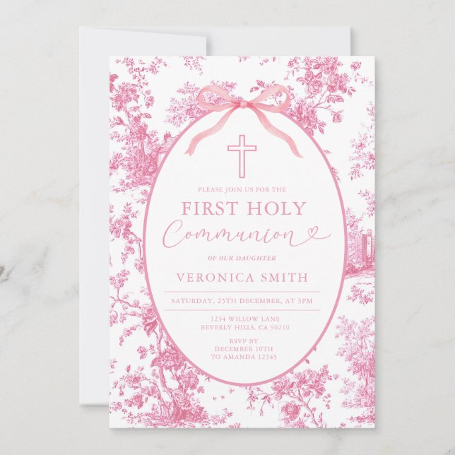 Invitación Algo rosa vintage toile primera comunión (Anverso)