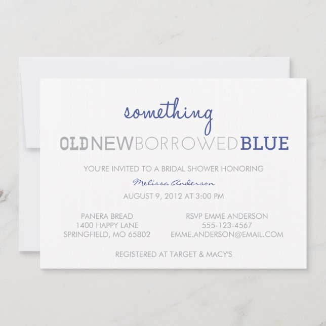 Invitación Algo viejo, nuevo, pedido prestado, azul (Anverso)