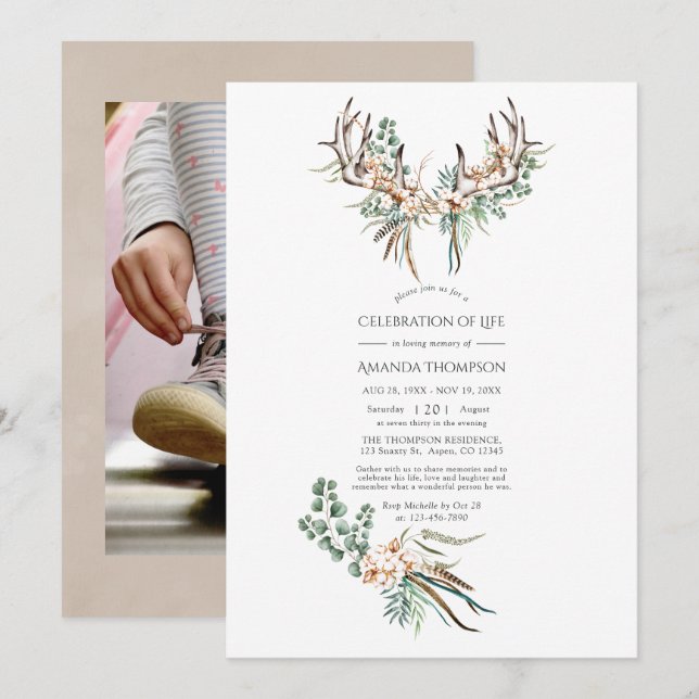 Invitación Algodón Boho y Celebración de la Vida con Eucalipt (Anverso / Reverso)