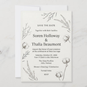 Invitación Algodón Bolls, Ramas de Invierno, Borde Minimalist