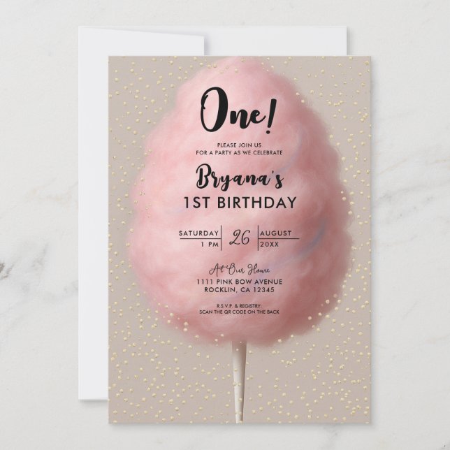Invitación Algodón de azúcar rosa con confeti dorado para fie (Anverso)