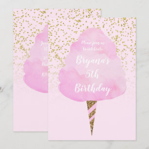 Invitación Algodón de azúcar rosa y Confeti dorado Fiesta de