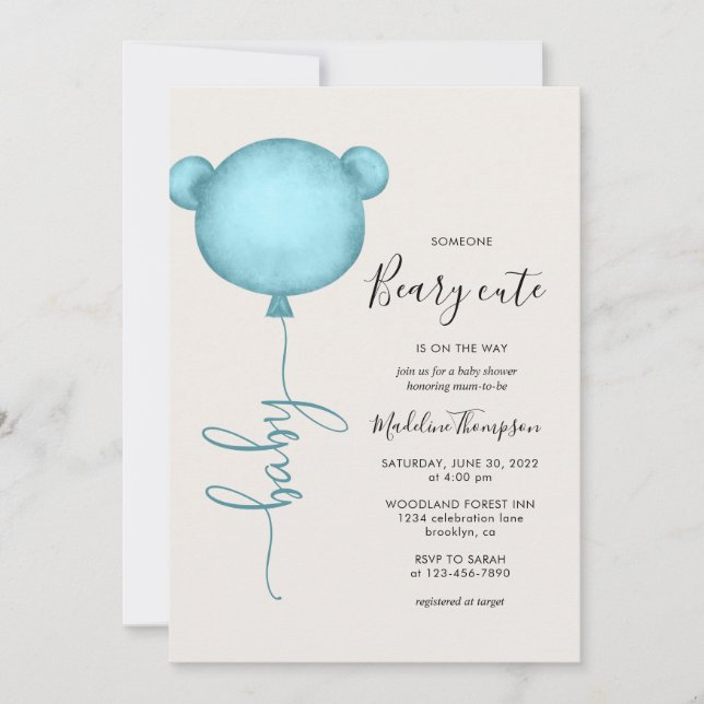 Invitación Alguien Beary Cute Blue Balloon Baby Shower (Anverso)