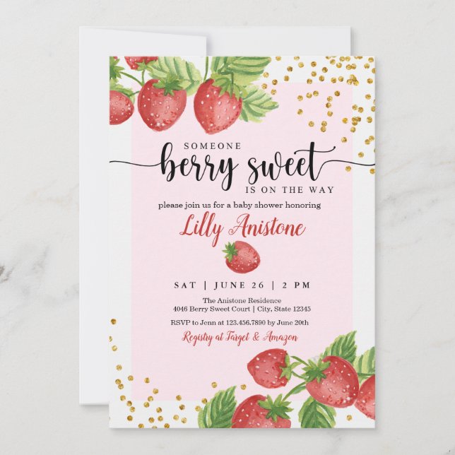 Invitación Alguien Berry Sweet Strawberry Baby Shower (Anverso)