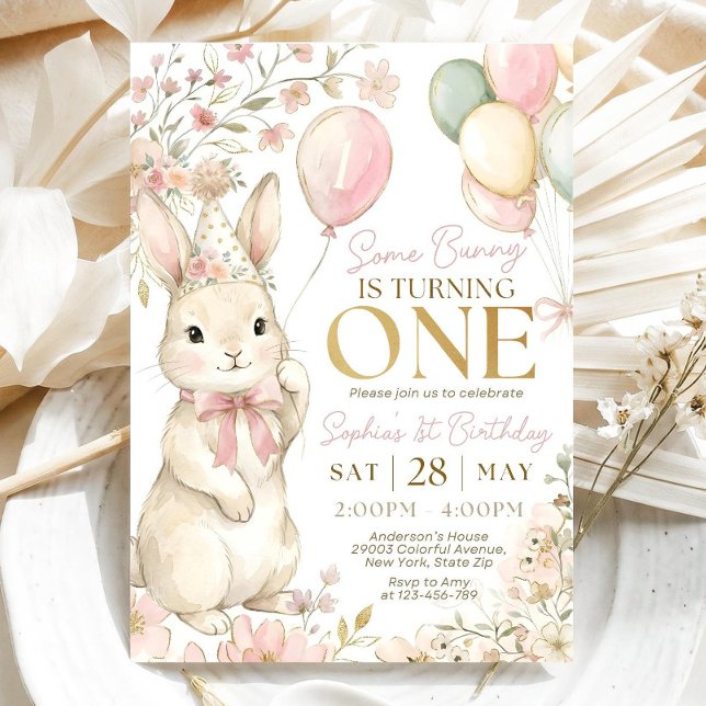 Invitación Algún Conejito Cumple Uno, Conejo de Lazo Rosa Pri (Subido por el creador)