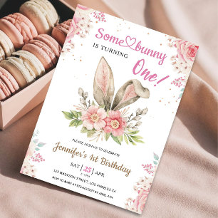 Invitación ¡Algún conejito cumple UNO! Cumpleaños niña rosa �