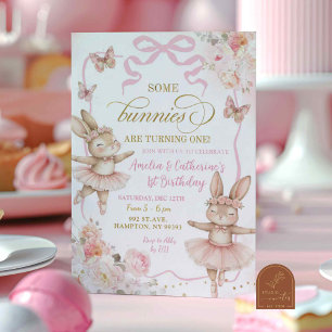 Invitación Algunas conejitas cumplen uno Gemelas Cumpleaños