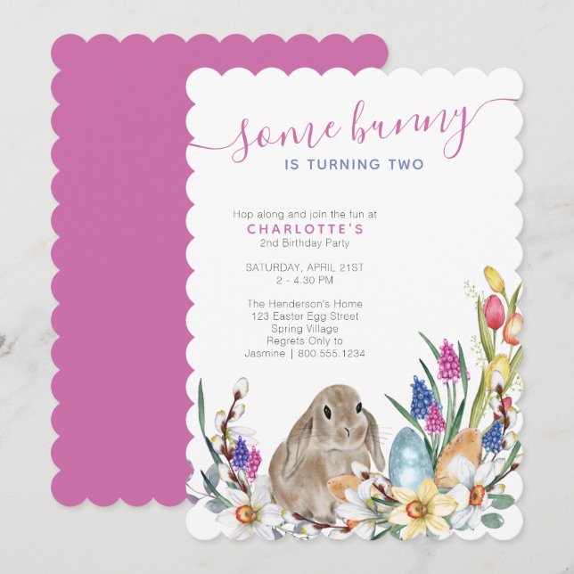 Invitación Algunas flores de primavera de conejo y cumpleaños (Anverso / Reverso)