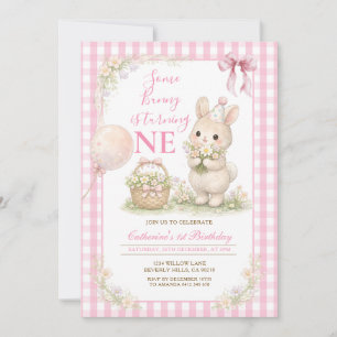 Invitación Alguno Conejito de Gingham Rosa Cumple Uno Cumplea
