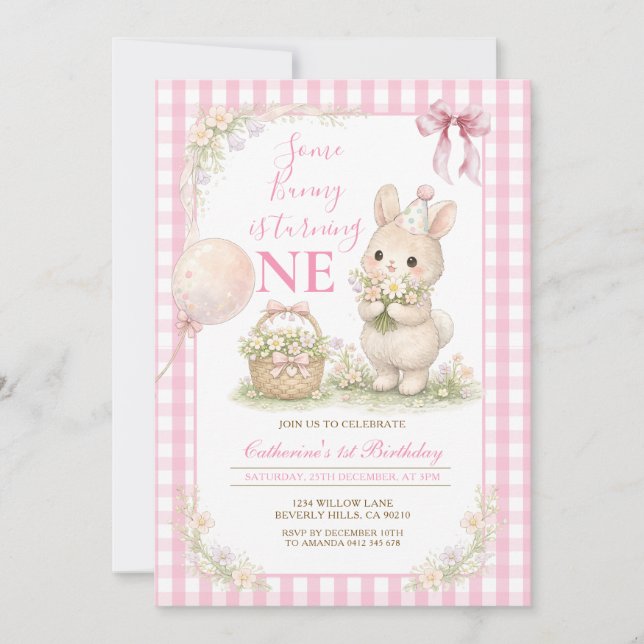 Invitación Alguno Conejito de Gingham Rosa Cumple Uno Cumplea (Anverso)