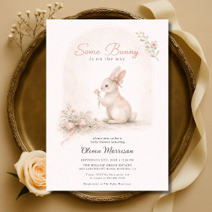 Invitación Alguno Conejo Lazo Rosa Primavera Baby Shower