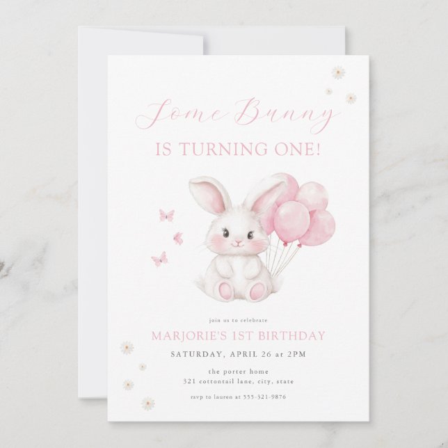 Invitación Alguno Conejo Primavera Niña Rosa Conejo Primer Cu (Anverso)