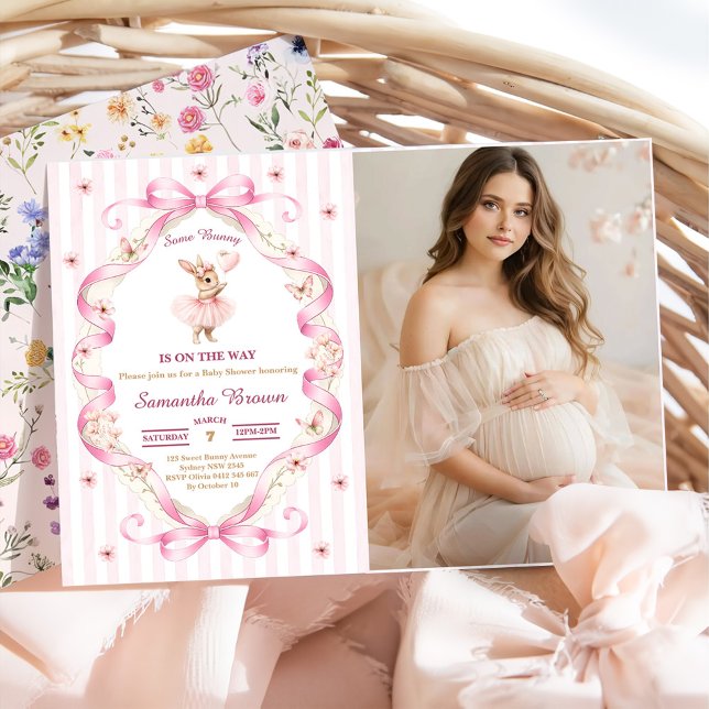 Invitación Alguno Conejo Rosa Lazo Gingham Baby Shower (Subido por el creador)