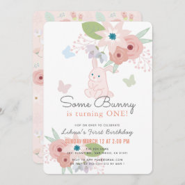 Invitación Algunos Bunny Floral Mariposa Rosa Primer cumpleañ