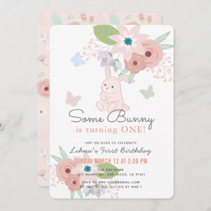 Invitación Algunos Bunny Floral Mariposa Rosa Primer cumpleañ