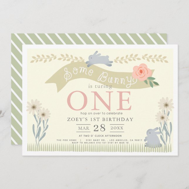 Invitación Algunos Bunny Pastel Amarillo primer cumpleaños (Anverso / Reverso)