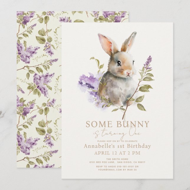 Invitación Algunos Bunny Purple Lilac Floral 1er cumpleaños (Anverso / Reverso)