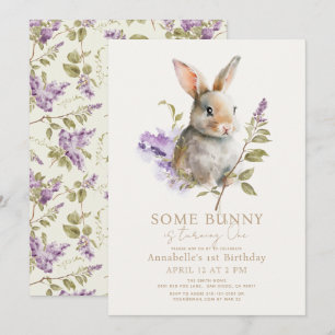 Invitación Algunos Bunny Purple Lilac Floral 1er cumpleaños