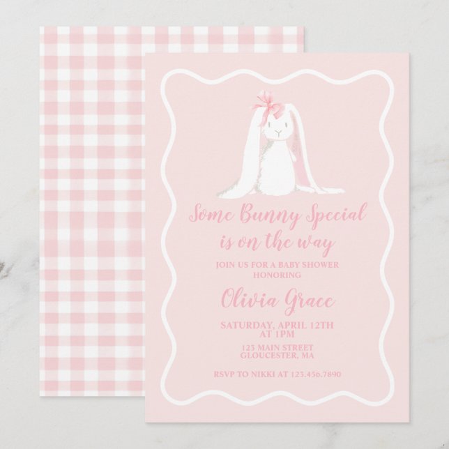 Invitación Algunos Bunny Special Pink Gingham Baby Shower (Anverso / Reverso)