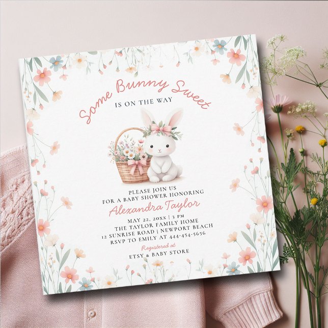 Invitación Algunos Bunny Sweet Wildflowers Baby Shower Bow Ro (some bunny sweet baby girl shower invitation springtime picnic Easter basket wildflowers pink bow )