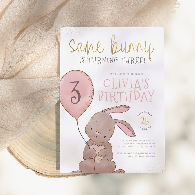 Invitación Algunos Bunny Watercolor Pink & Gold Birday Party (Subido por el creador)