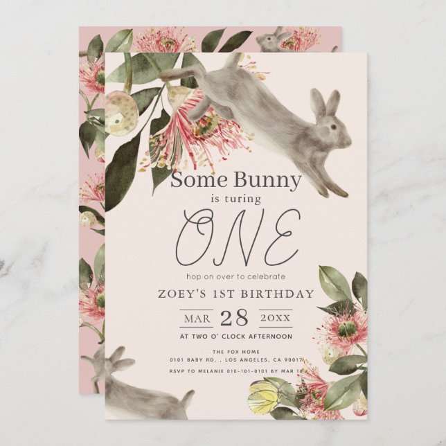 Invitación Algunos Chicas de la Flora Rosa Bunny 1er cumpleañ (Anverso / Reverso)