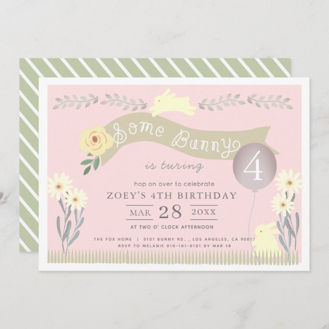 Invitación Algunos Chicas rosados del Pastel Conejo Cumpleaño (Anverso / Reverso)