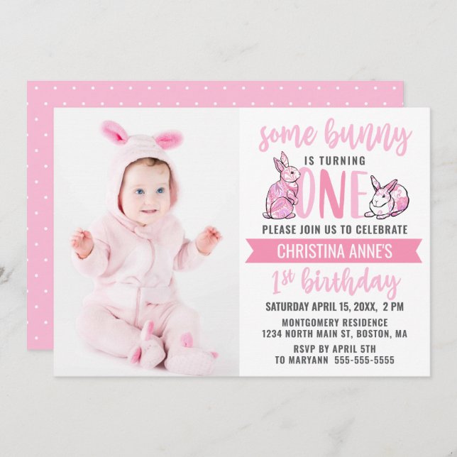 Invitación Algunos conejitos Chicas de primer cumpleaños rosa (Anverso / Reverso)