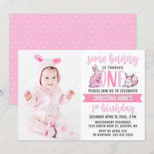 Invitación Algunos conejitos Chicas de primer cumpleaños rosa