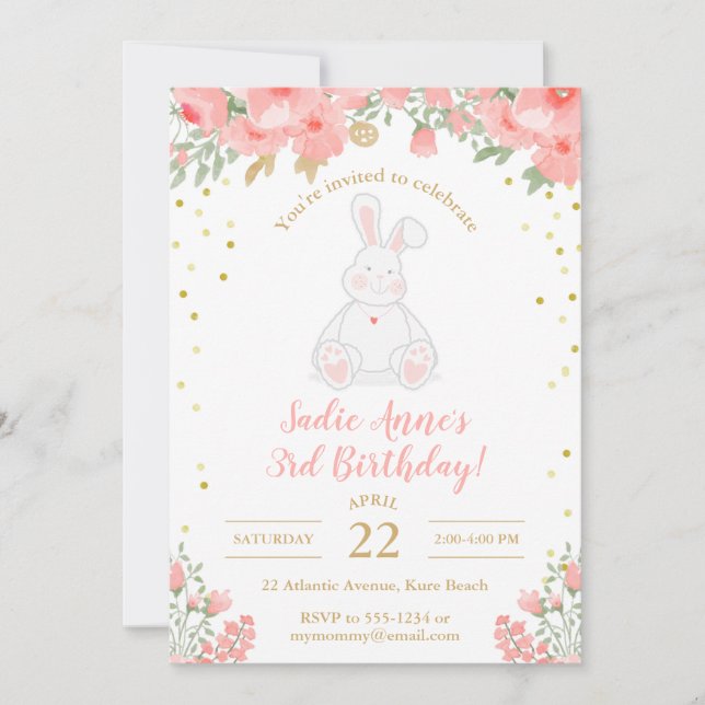 Invitación Algunos conejitos cumpleaños acuarela Floral Oro r (Anverso)