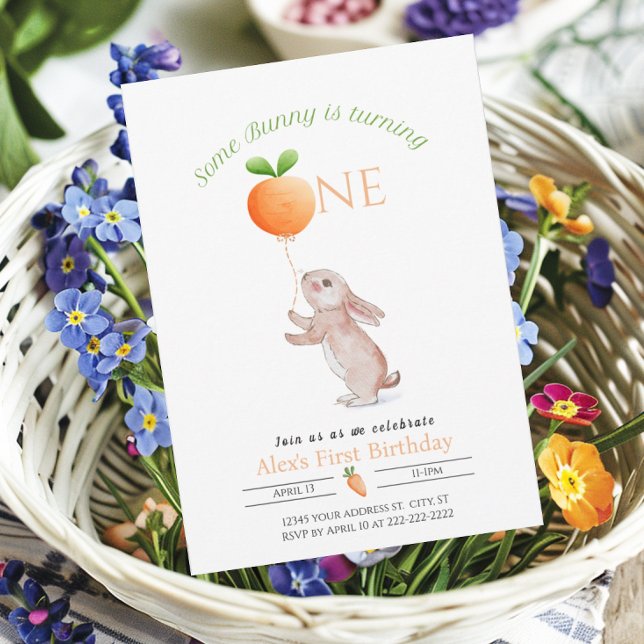 Invitación Algunos conejitos de 1er cumpleaños Globo de zanah (Some Bunny Invitation with carrot balloon for 1st First birthday)