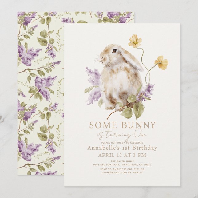 Invitación Algunos conejitos Lop Purple Lilac Floral 1er cump (Anverso / Reverso)