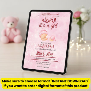 Invitación Alhamdulillah rosa aqeeqah bebé musulmana