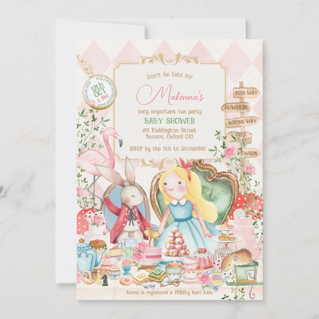 Invitación Alice Adventure in Woderland Baby Shower Tea Fiest (Anverso)