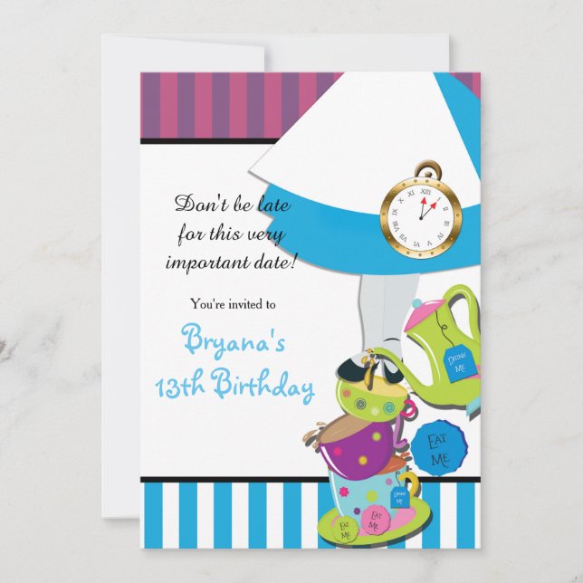 Invitación Alice en Wonderland FIESTA DE TÉ LOCO de Cumpleaño (Anverso)