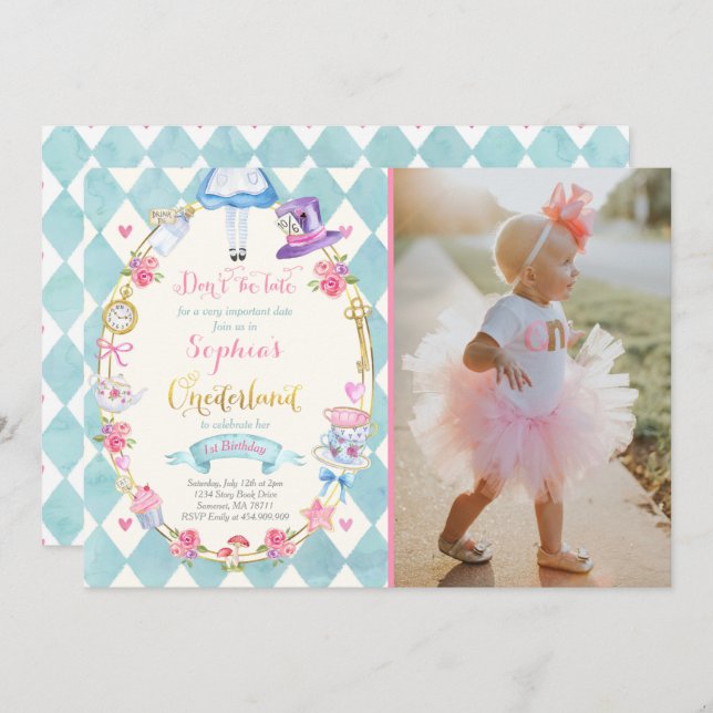 Invitación Alice In ONEderland Birthday Invitation Tea Fiesta (Anverso / Reverso)